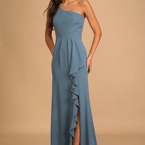 Lulus One Shoulder Blue Ruffled Maxi Dress
